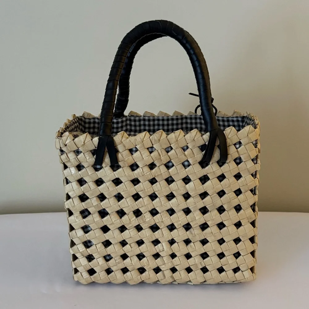 Esprit Black and Cream Woven Double Top Handle Basket Bag - Picture 2 of 9